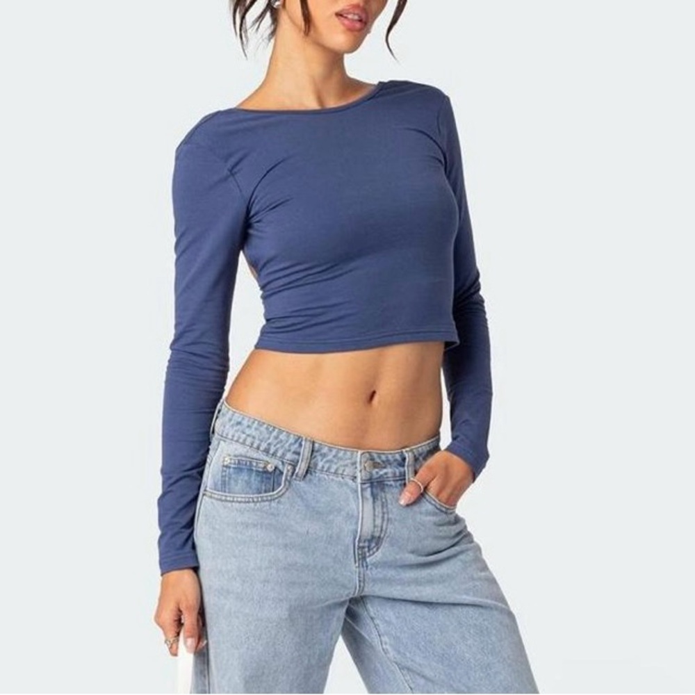 Edikted Navy Blue Long Sleeve Open Back Crop Top